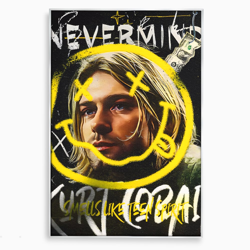 Tablou canvas cu tablou canvas cu portretul lui kurt cobain, in rama de aluminiu argintiu